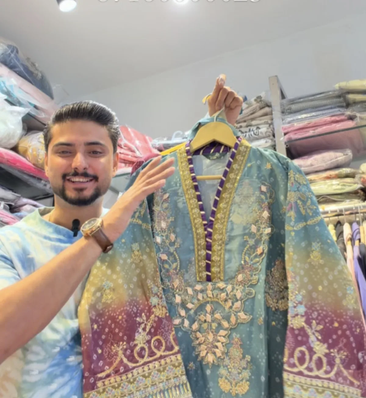 Teal bandhani print kurta with gold zari placket