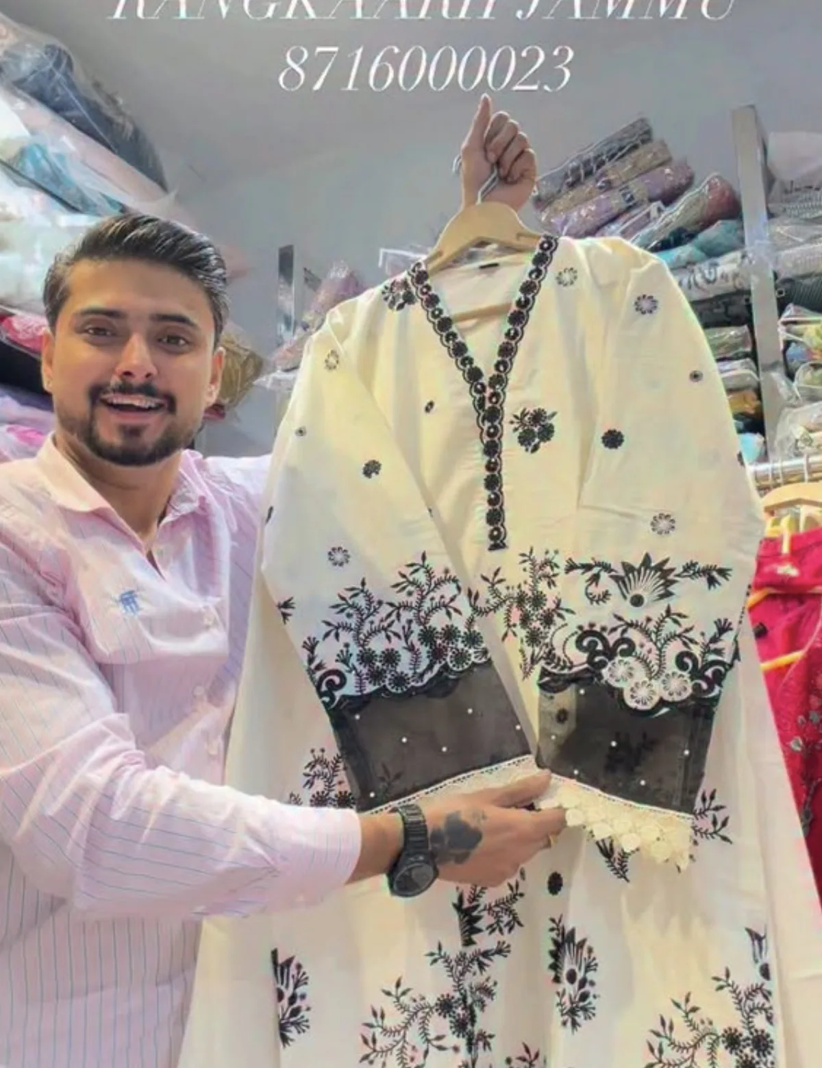 Ivory kurta with black embroidery and a sheer panel