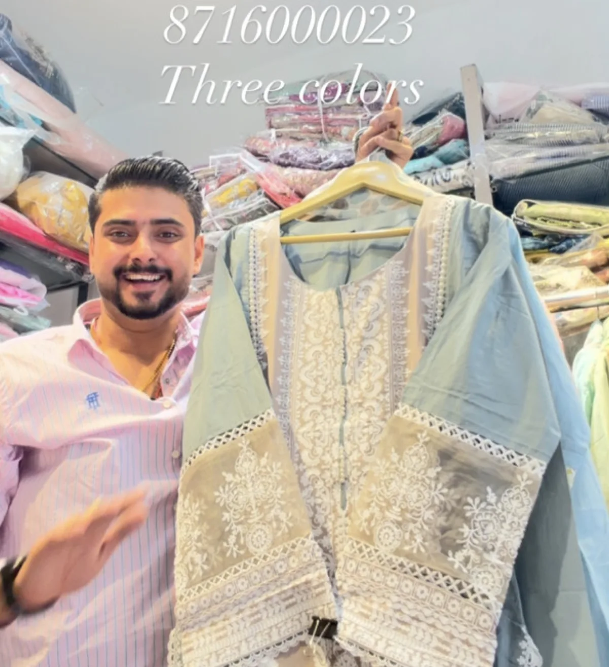 Powder blue kurta with white chikankari lace panels