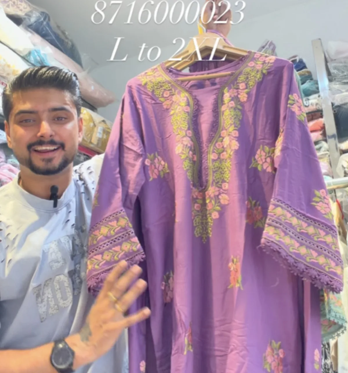 Lavender kurta with pink floral embroidery