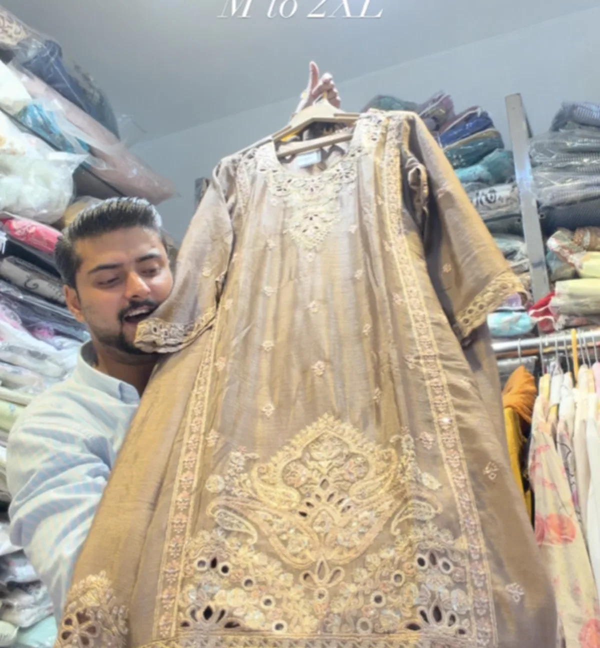 Mocha silk kurta with tonal thread embroidery