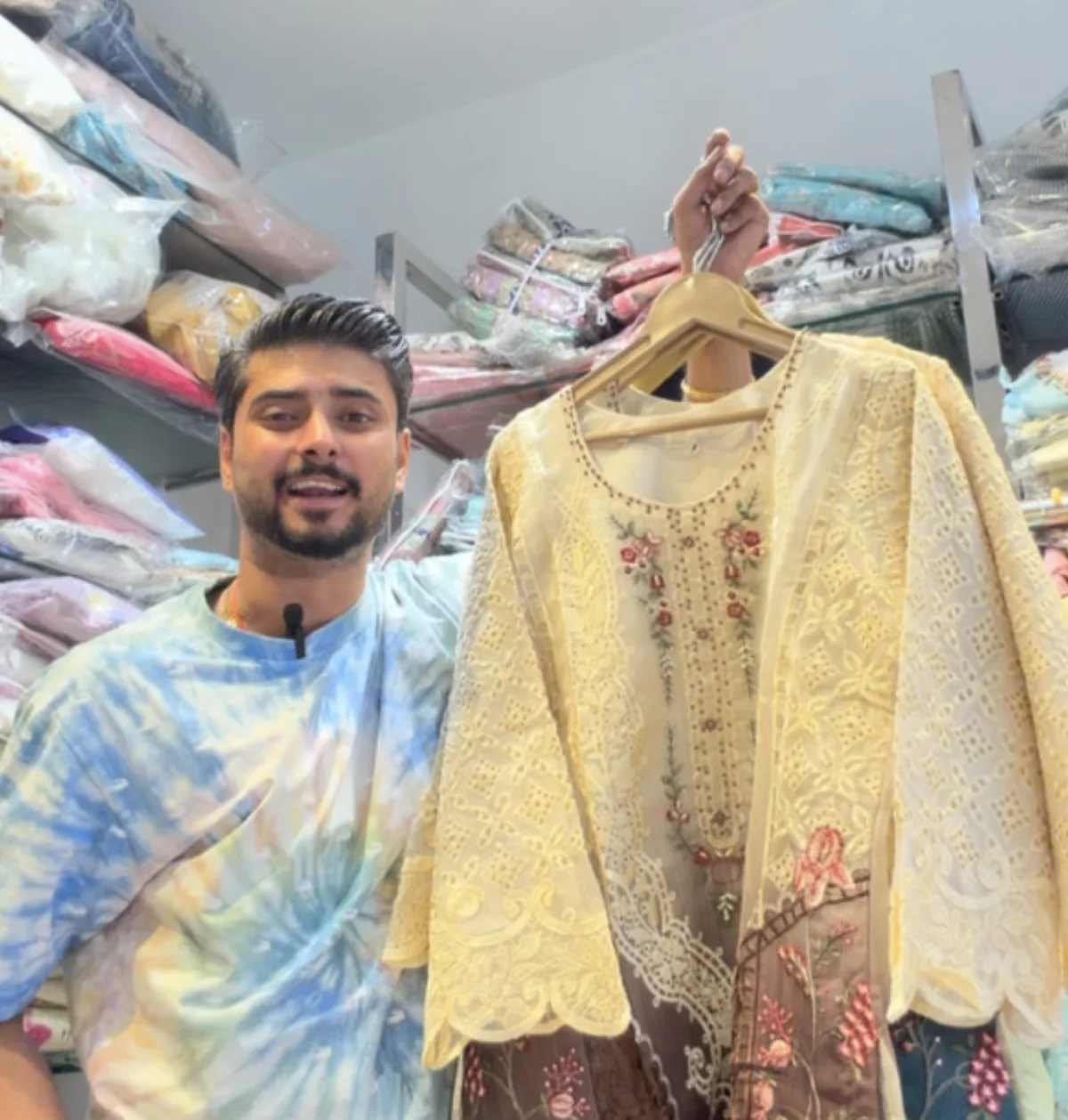 Butter yellow lace kurta over a printed base