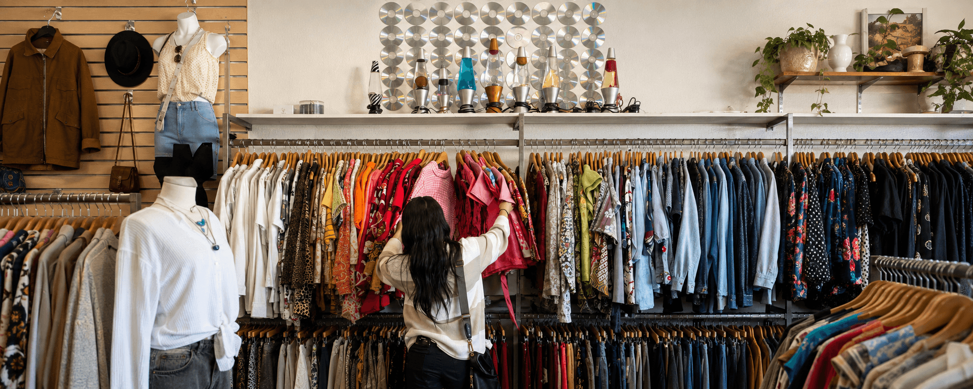 Rails of curated vintage clothing in a boutique